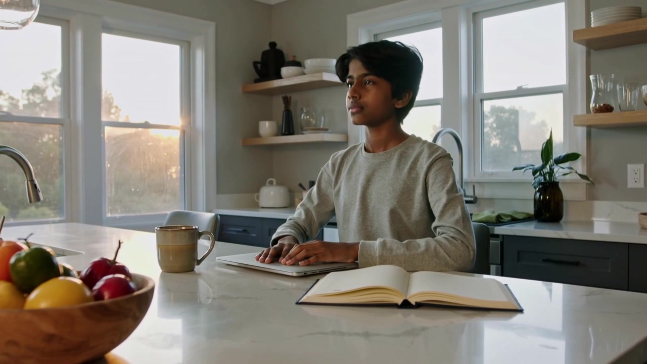 Closing laptop, male student in grey sweatshirt taking break at kitchen island with notebook