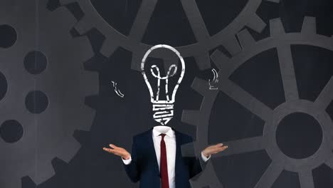 Animation-of-light-bulb-over-businessman-with-cogs-working-on-grey-background
