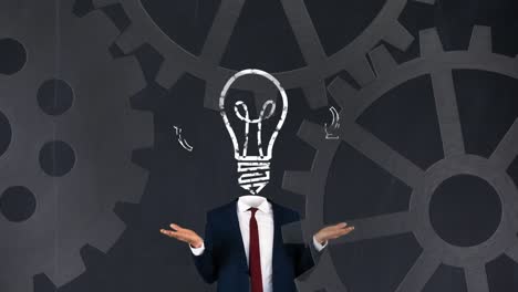 animation of light bulb over businessman with cogs working on grey background