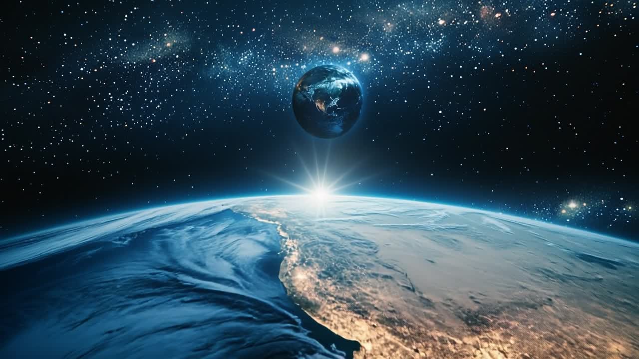 Earth rising over a glowing horizon. Earth emerges from the darkness of space, illuminated by sunlight, revealing vibrant landscapes and oceans.