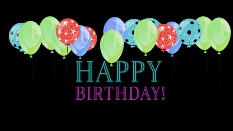animación del texto de feliz cumpleaños sobre globos coloridos sobre fondo negro