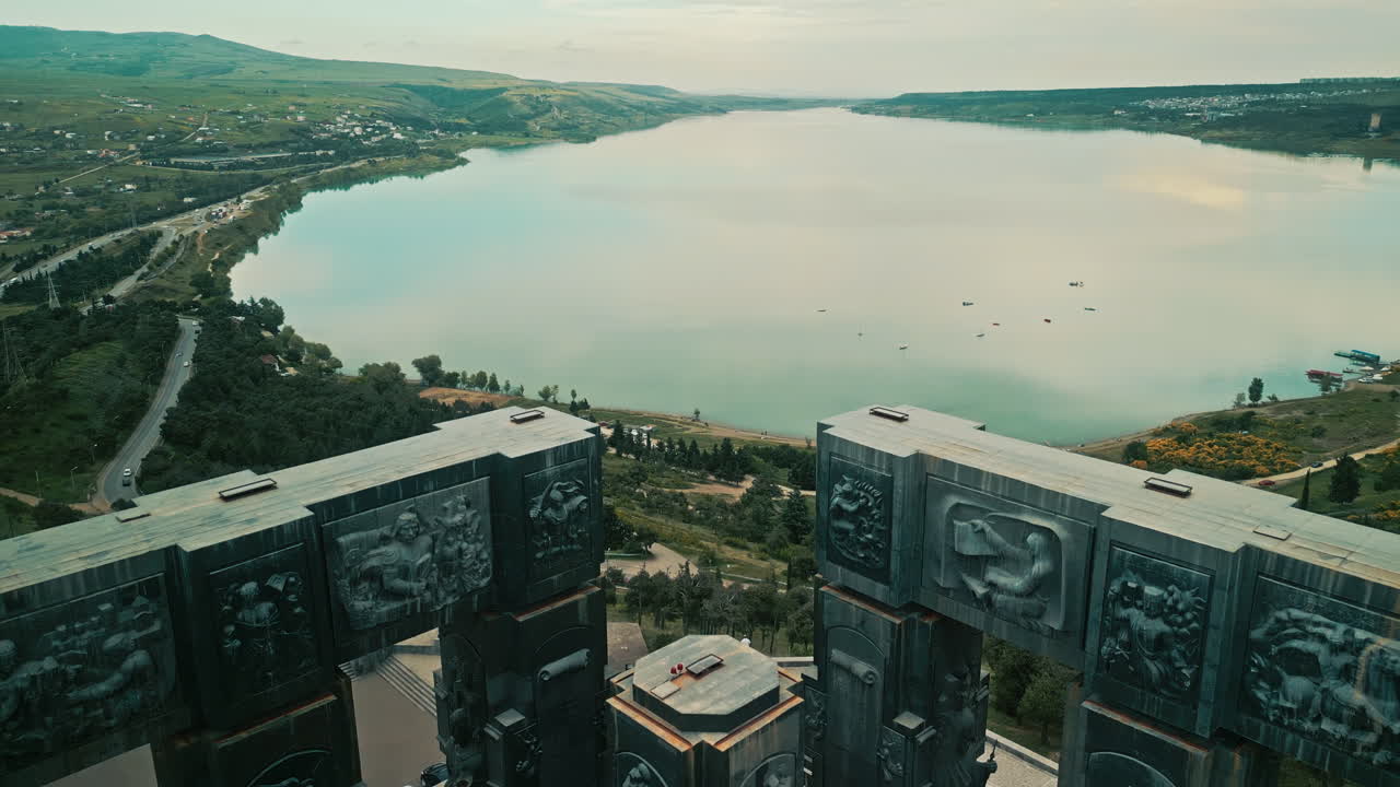 Aerial View of the Chronicle of Georgia Monument Overlooking Tbilisi Sea