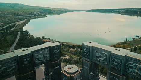 aerial view of the chronicle of georgia monument overlooking tbilisi sea