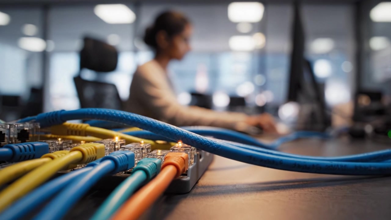 A Professional Office Scene Showcasing Networking Cables and a Focused Individual Engaged in Work at a Modern Workspace with Computer Equipment and Connections