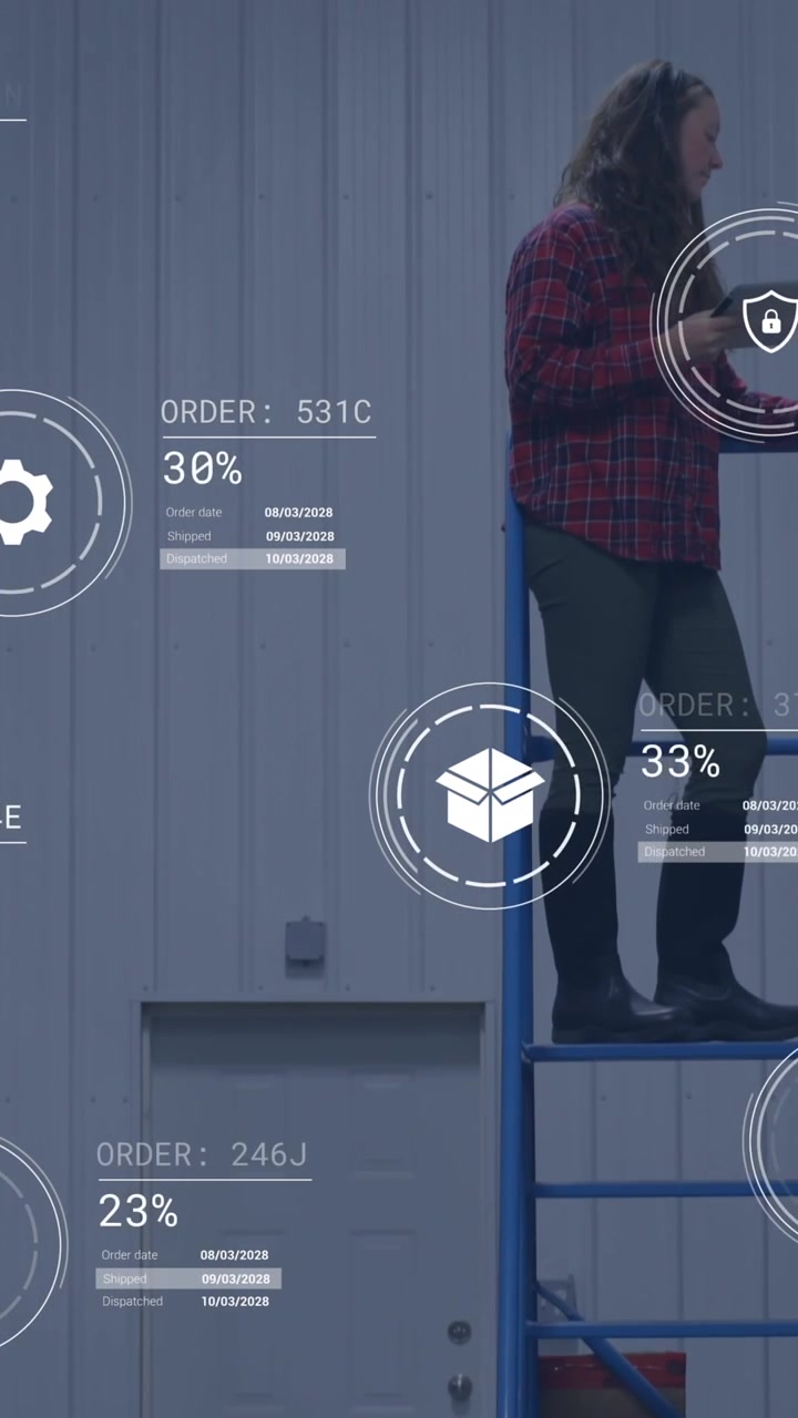 Animation of icons with data processing over caucasian male worker in warehouse