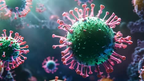 a close up of a virus with pink and green colors. the virus is surrounded by a pink and green background