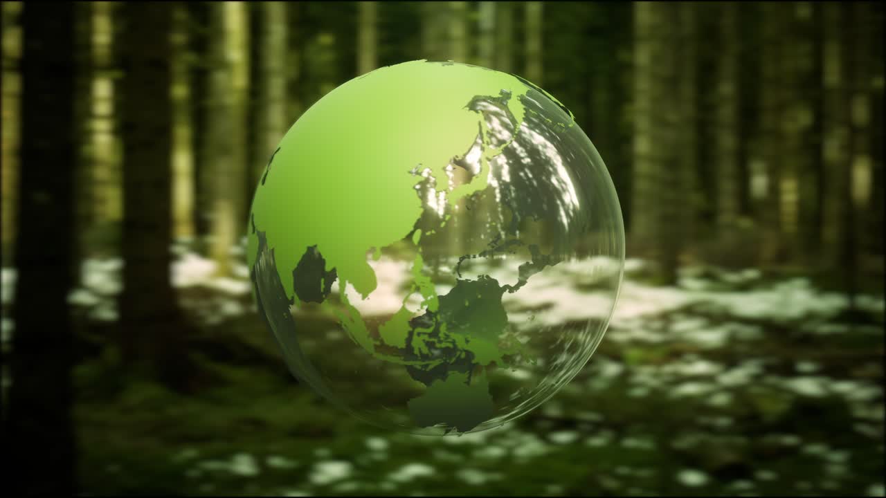 animación en 3d del planeta tierra en forma de bola de cristal giratoria en un bosque verde