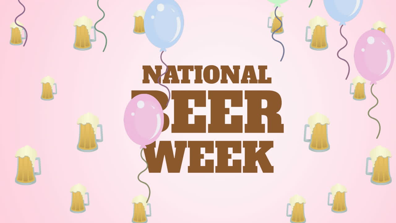 animación del texto de la semana nacional de la cerveza sobre globos e iconos de cerveza