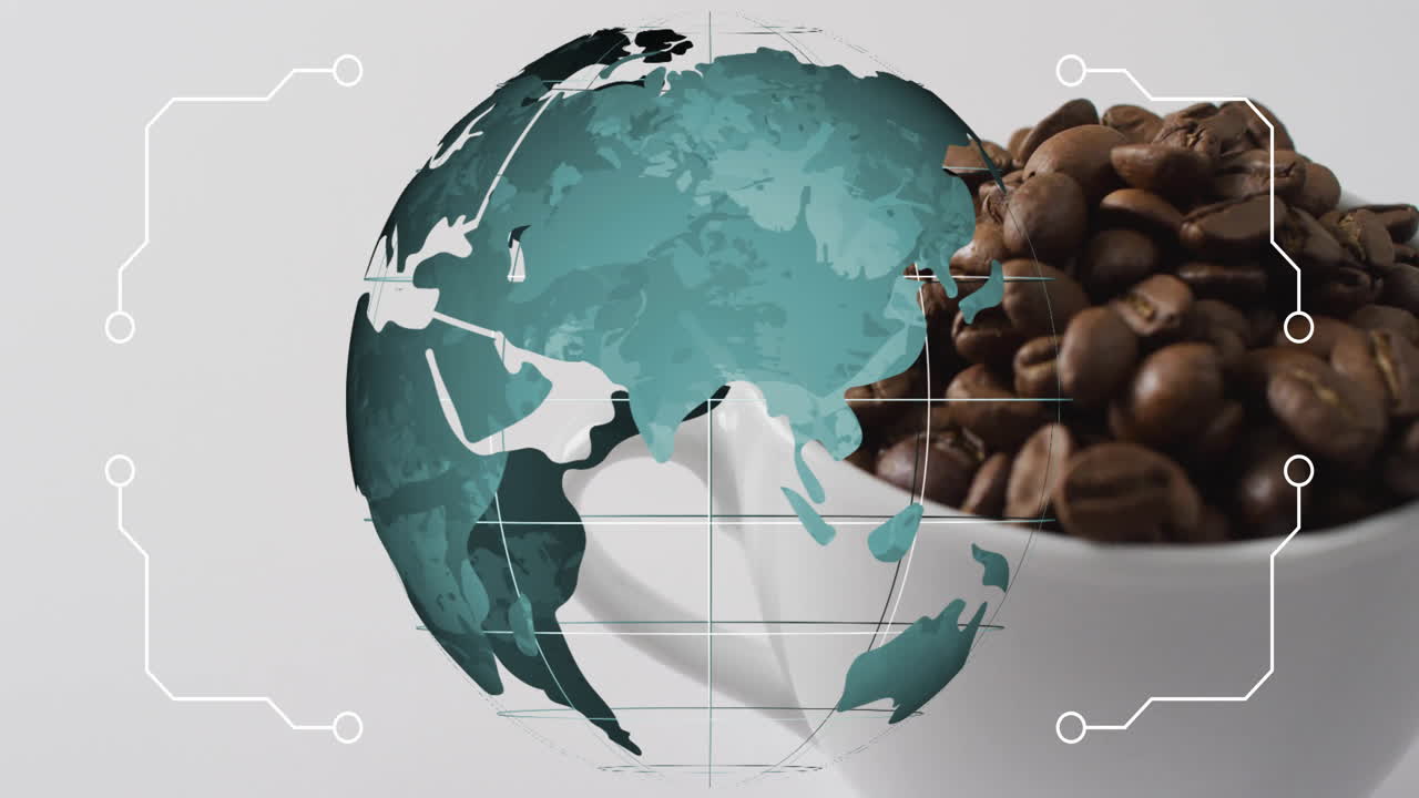Stylized teal globe spinning over circuit lines while roasted coffee beans steaming in white bowl