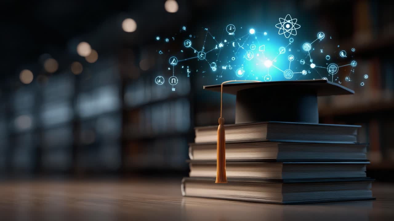 The Journey of Knowledge: A Graduation Cap Poised on Top of Books Surrounded by Symbols of Scientific and Academic Achievement