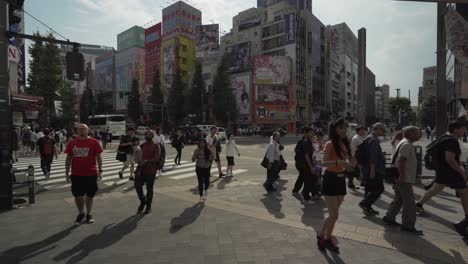 a busy street with pedestrians walking in akihabara, tokyo japan