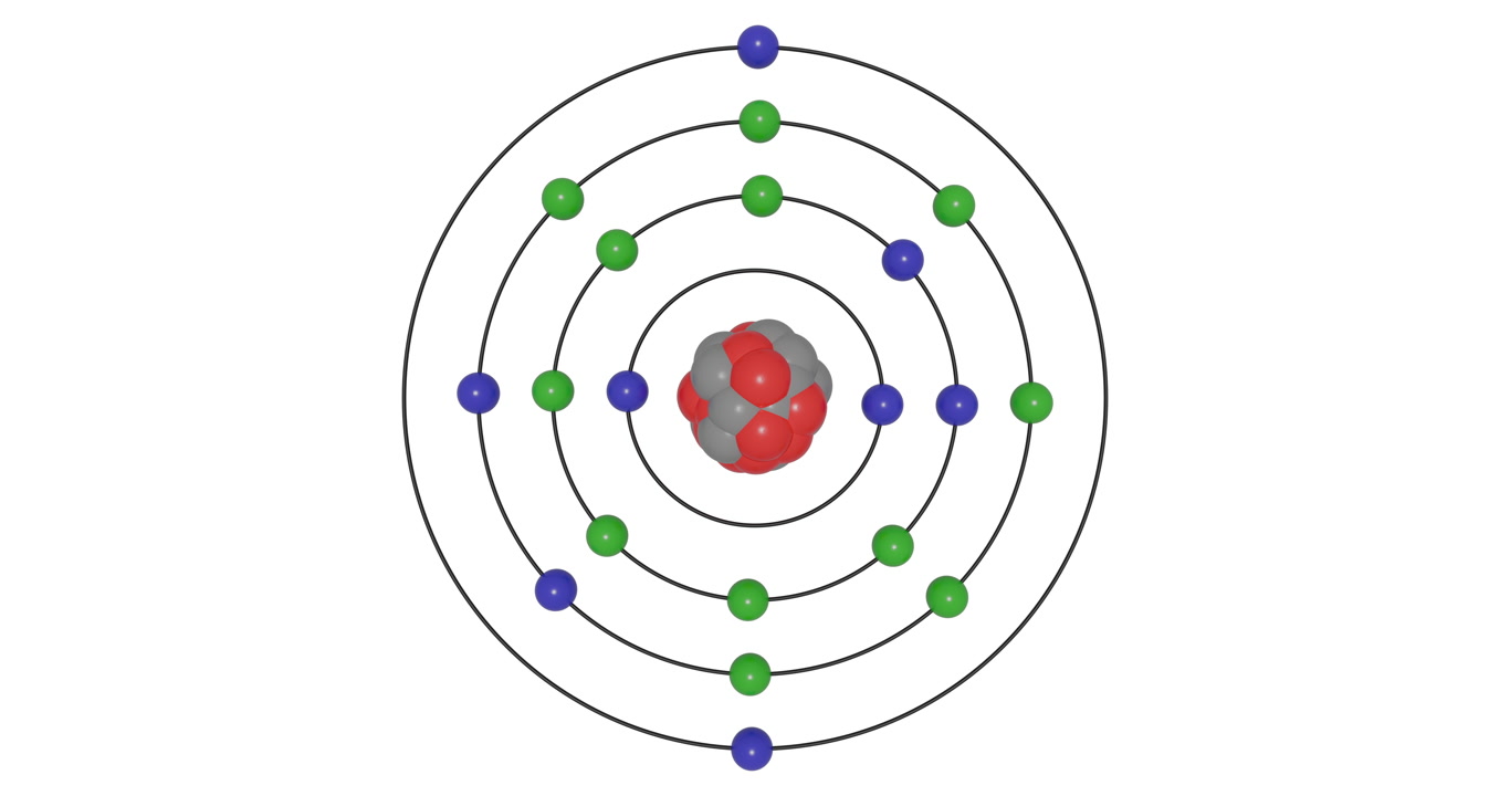 3D animation of Calcium (Ca; Z=20) atom in the Bohr model with electron orbits, nucleus, protons, neutrons, and energy levels in a seamless loop. Ideal for STEM education and scientific visualization.
