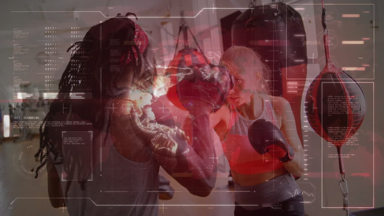 Animation of data processing over woman boxing with male coach in gym