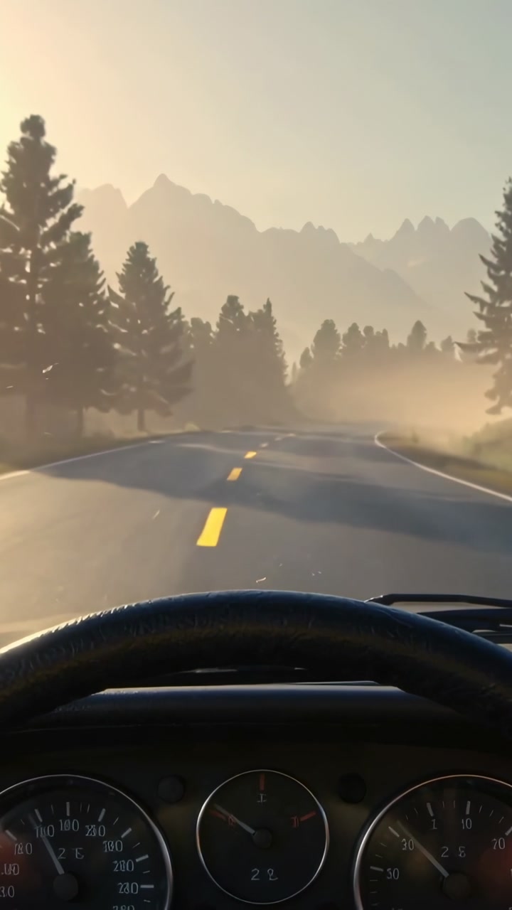Vertical video: Driving driver steering mountain road as sunrise breaking mist, with wheel and dash