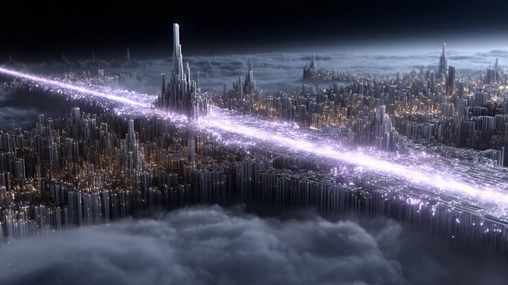 A breathtaking view of a futuristic cityscape illuminated by a brilliant glowing bridge of light, set against a dramatic cloud-filled backdrop, showcasing advanced architecture and imaginative design