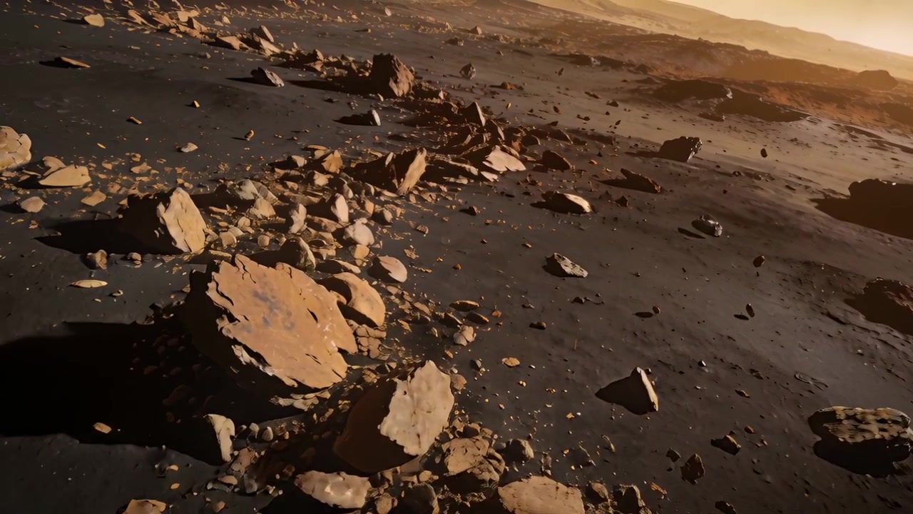 Telecamera scorrevole che inizia a sorvolare una pianura rocciosa, rivelando lastre piatte, massi e ombre