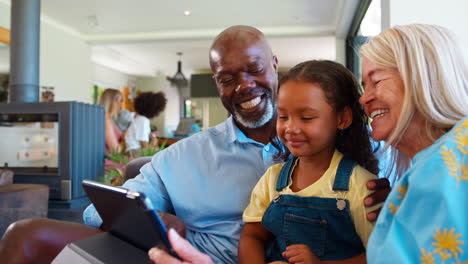 Grandparents-And-Granddaughter-With-Digital-Tablet-Pulling-Funny-Faces-For-Selfie-At-Home