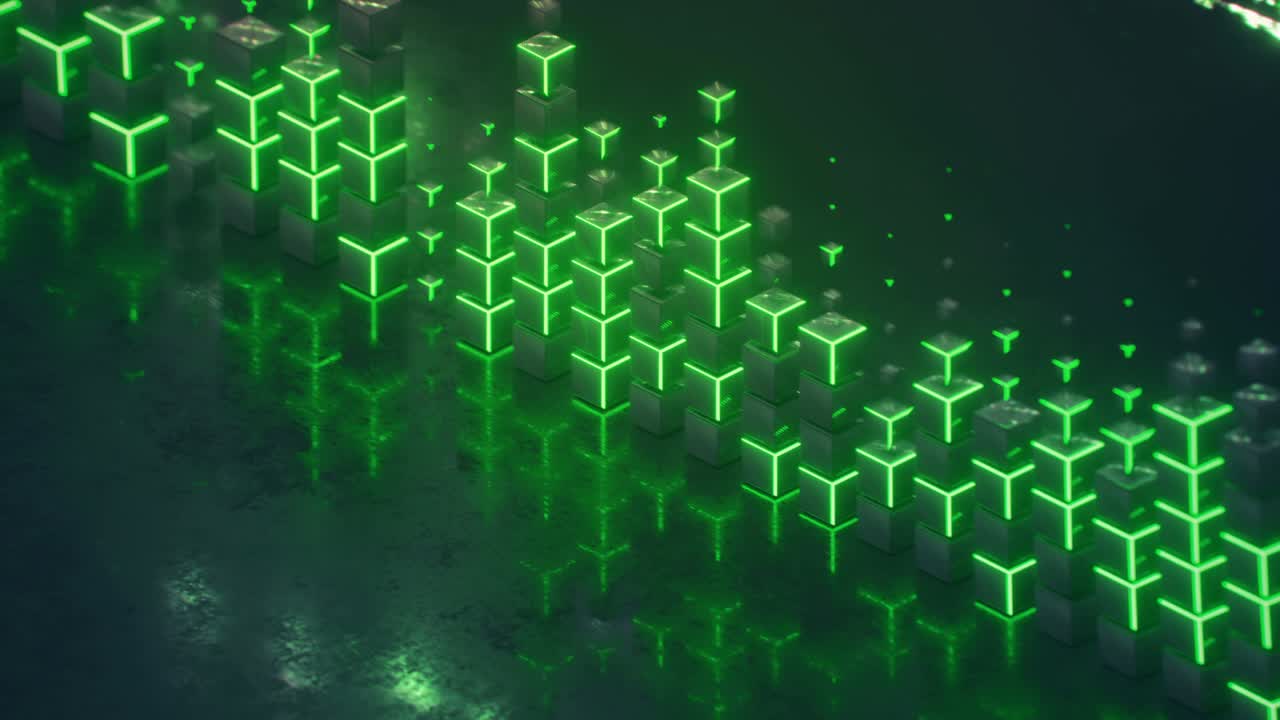 Grafico verde futuristico del misuratore di volume, animazione 3D renderizzata in loop continuo.