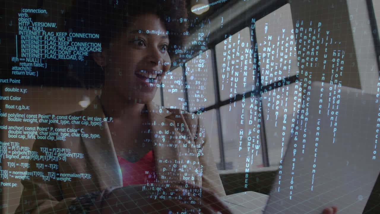 Animation of data processing over smiling african american businesswoman using laptop