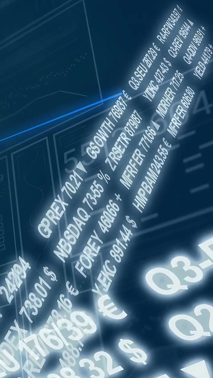 Vertical video: Glowing tickers rotating, sliding as camera sweep starting, showing Q3-REV metrics