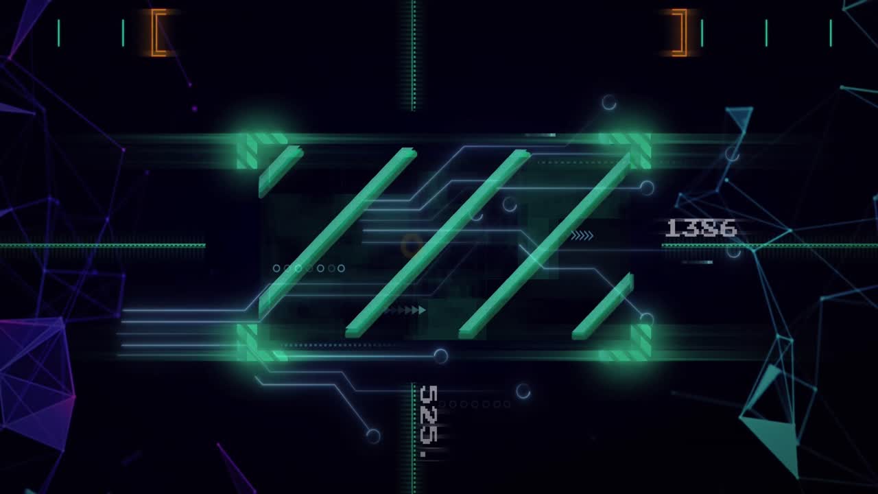 Animation of lines over circuit board pattern and changing numbers with connected dots