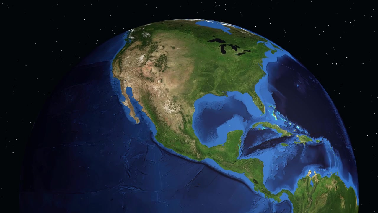 A digital animation zooms from space into Chihuahua, Mexico, displaying population data on screen