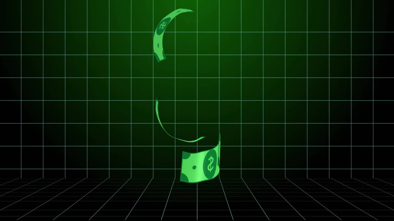 검은색 배경에 있는 선 위에 달러 지폐의 애니메이션