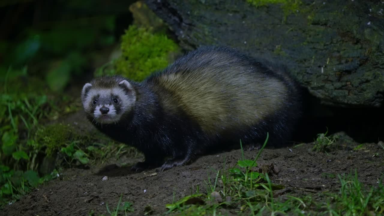 A European polecat sniffing slowly around fallen tree in forest of Drenthe, Netherlands