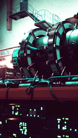 a close-up of a large machine in a futuristic factory