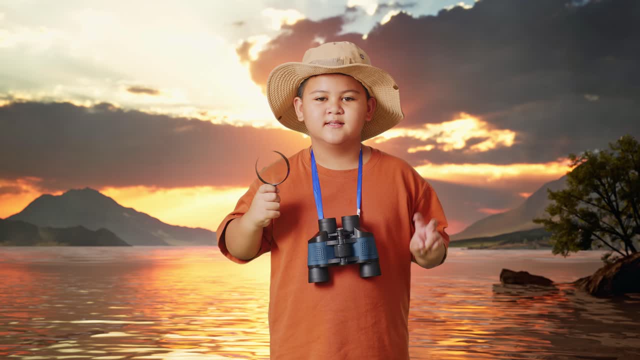 un niño explorador al atardecer