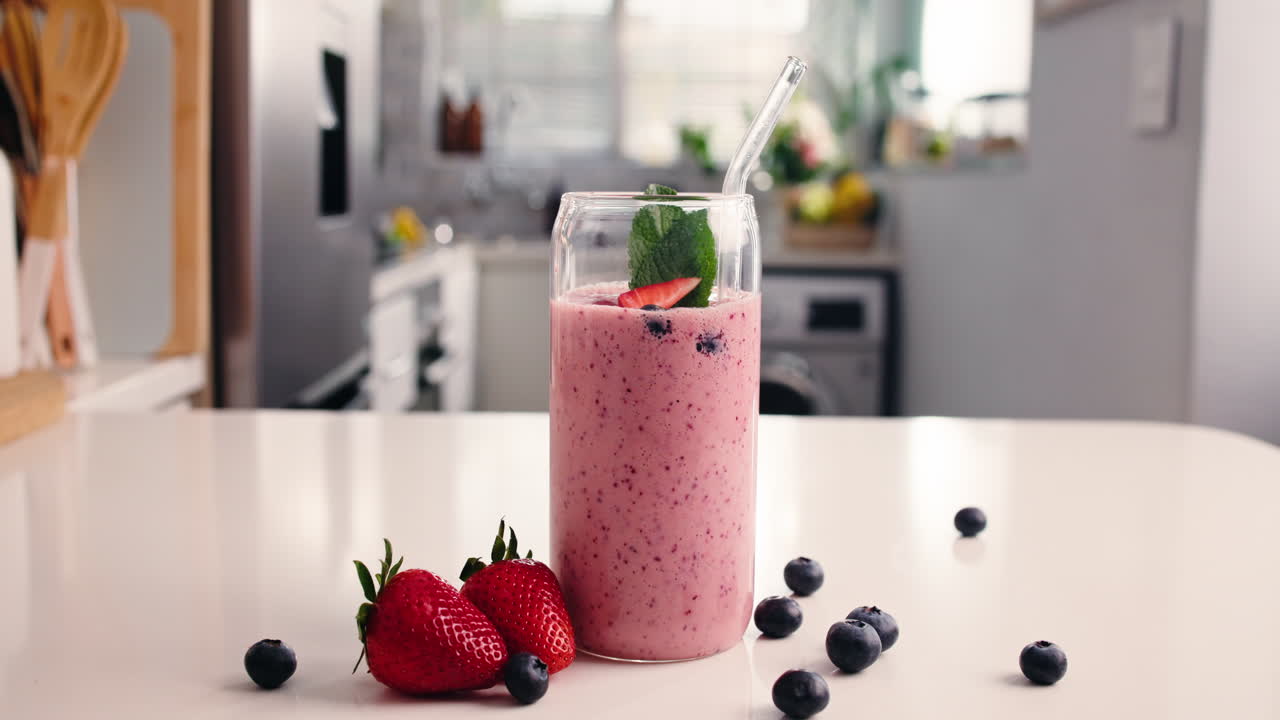 Batido de frutos rojos refrescante consumido con una pajita en una cocina moderna