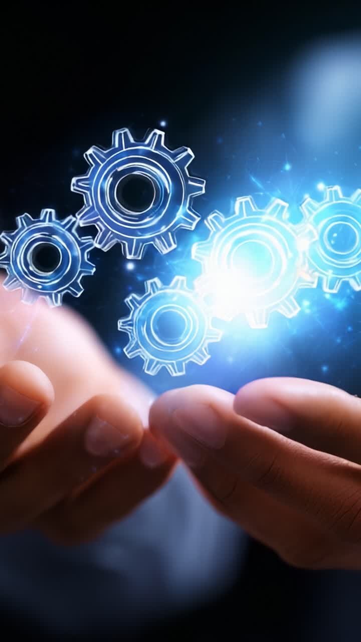 Et par hænder, der holder roterende tandhjul, som repræsenterer innovation og mekanisme i et futuristisk, digitalt miljø med en blå glød og glimmer