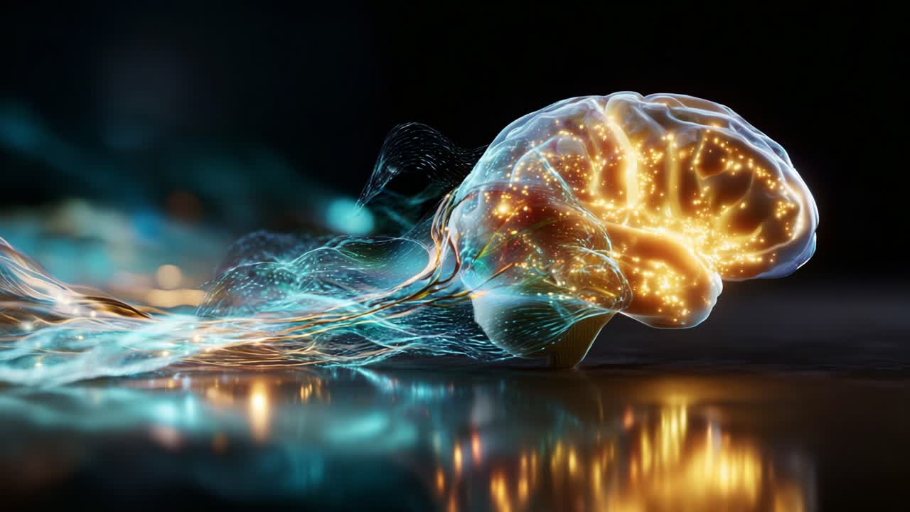 Rappresentazione artistica di un cervello illuminato da un flusso di energia intenso, che mostra la complessità del pensiero e della cognizione attraverso connessioni luminose e movimenti fluidi