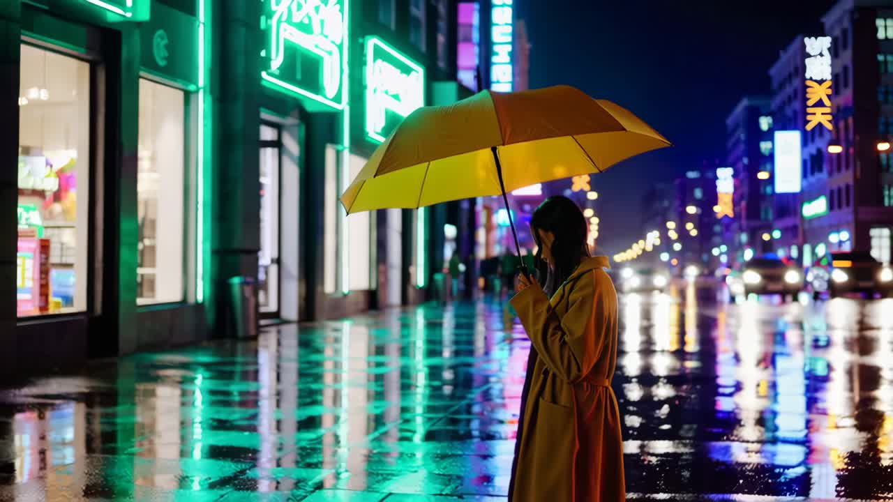 밤에 비가 오는 도시에서 노란색 우산을 가진 여자