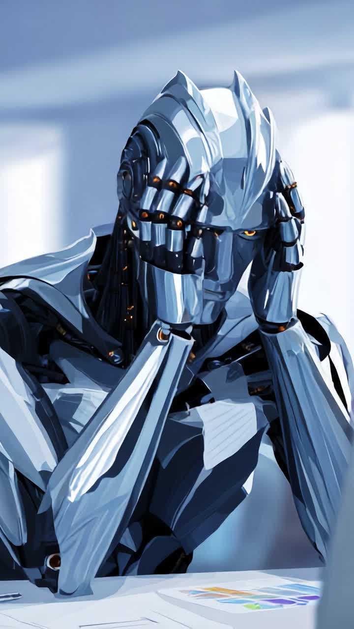 A digital humanoid robot displaying frustration and stress as it struggles with complex tasks and emotions in a futuristic workspace environment