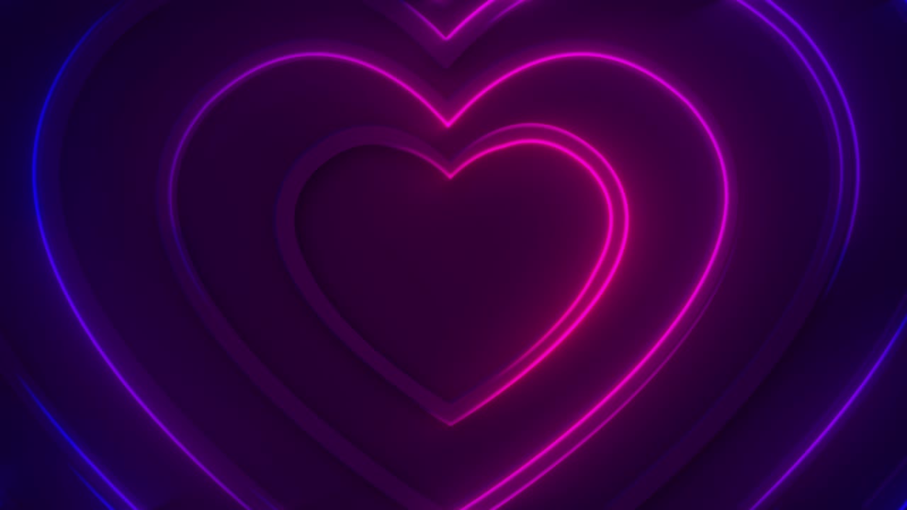 3d dinámico rosa púrpura neón brillantes corazones en forma de líneas sobre fondo negro.