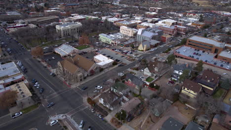 aerial view of downtown prescott arizona usa, buildings, street traffic and churches, drone shot