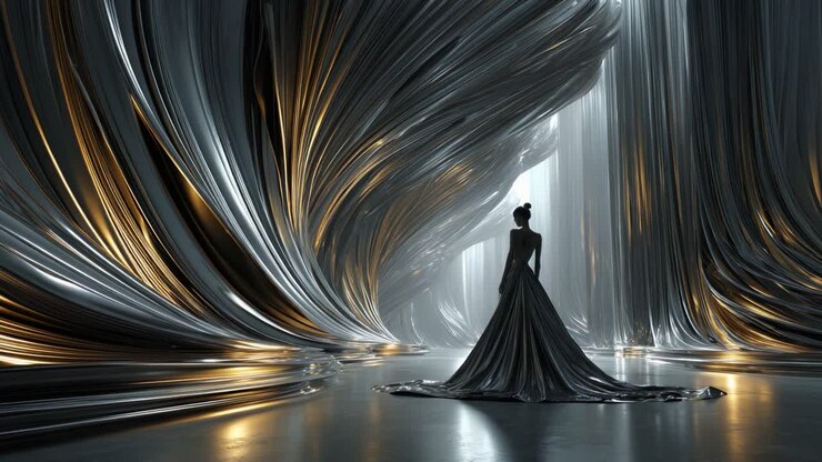 Una silhouette ipnotica di una figura aggraziata avvolta in un tessuto fluente, circondata da texture metalliche scolpite in modo sorprendente, illuminata sotto delicati fasci di luce in uno spazio onirico
