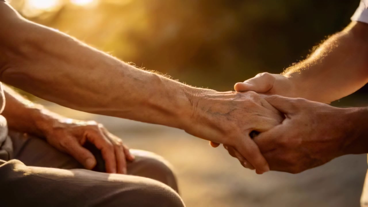 Extending Senior forearm, caregiver reaching in and cupping hand on park bench, offering comfort