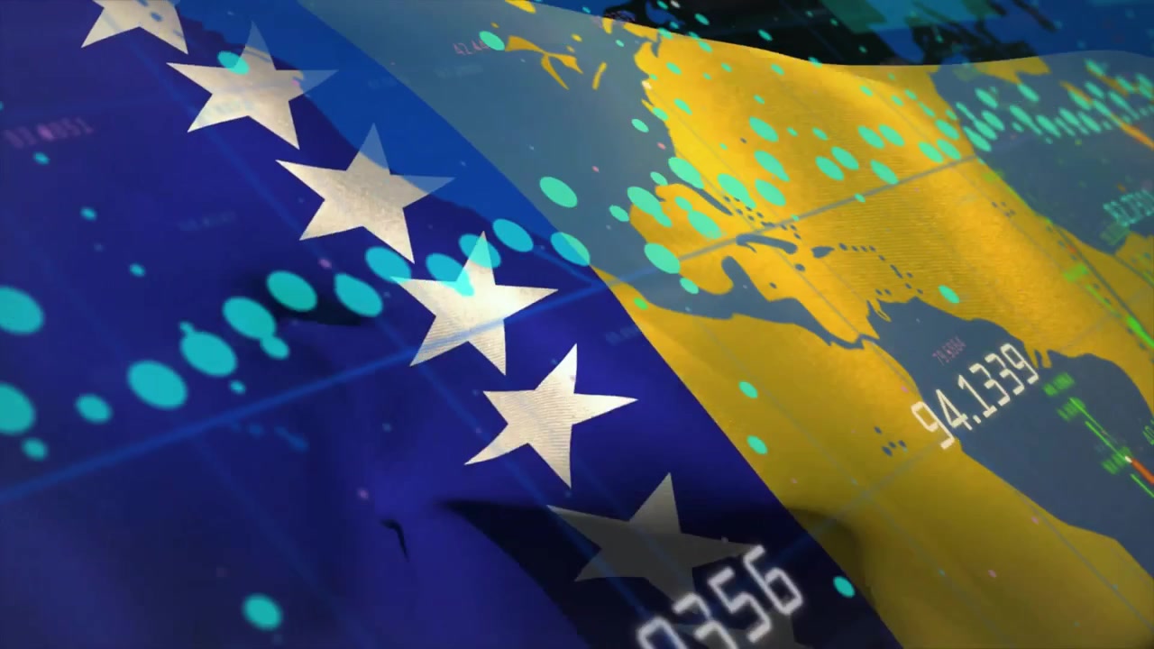 Animação de mercado de ações e mapa-múndi sobre a bandeira da Bósnia e Herzegovina