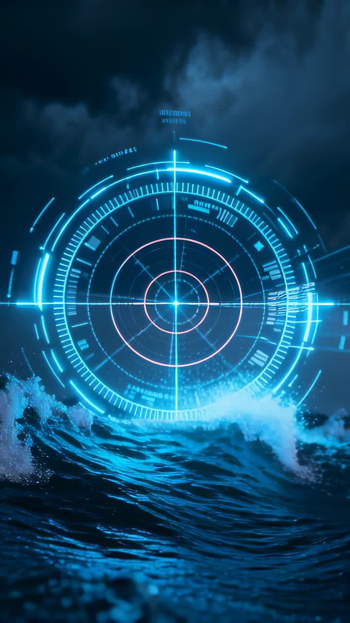 Video verticale: Appare un reticolo HUD luminoso che traccia il movimento delle onde, scansionando l'oceano aperto di notte.