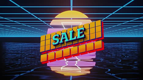 Animation-of-sale-text-over-squares-and-retro-grid-background