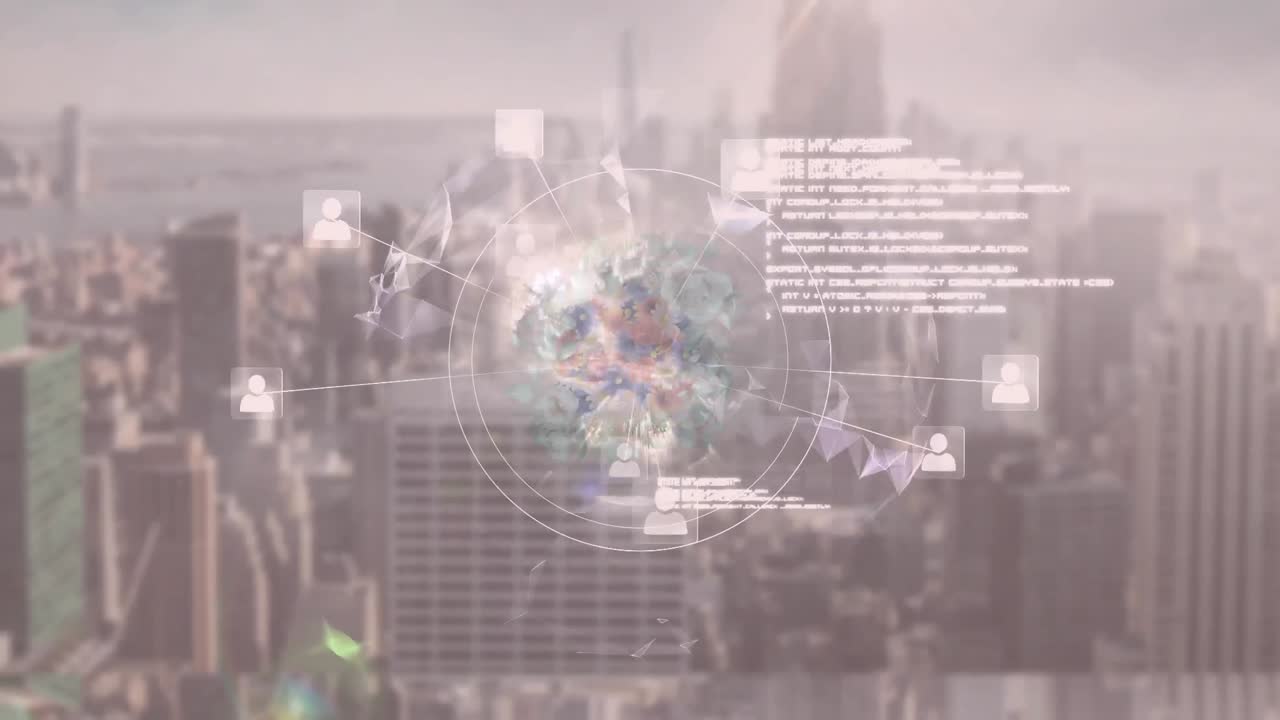 도시 배경에 아이콘의 네트워크와 함께 회전하는 지구의 애니메이션