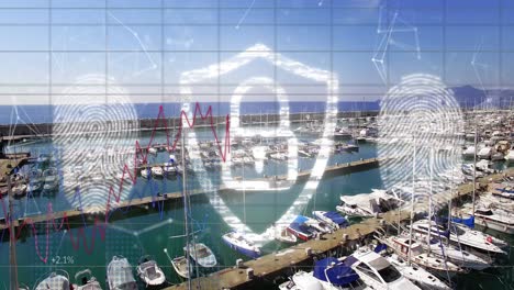 animación del procesamiento de datos, huellas dactilares biométricas y icono de candado sobre el puerto