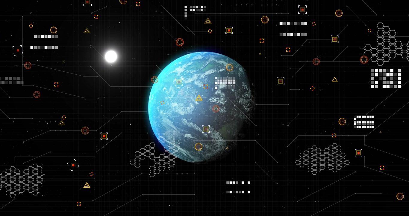 Sun emerging causing circuit lines reaching Earth, hexagons and icons scanning rotating planet