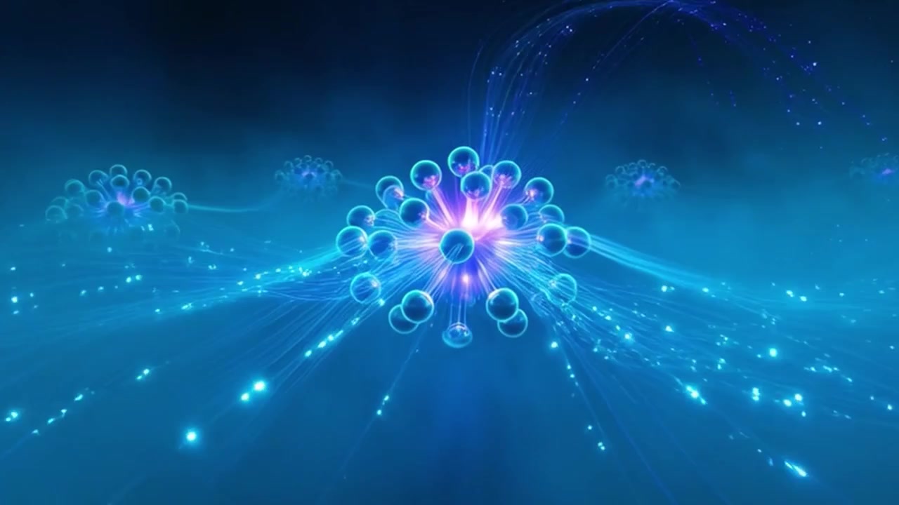 光る分子構造と光の軌跡の抽象的なアニメーション