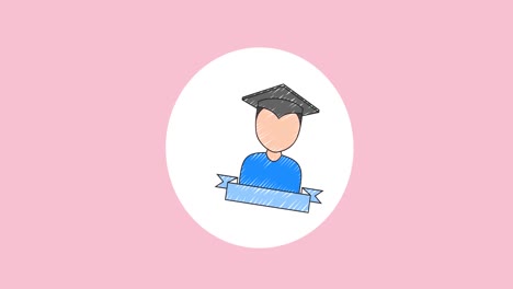 digital animation of graduated boy icon over white circular banner against pink background