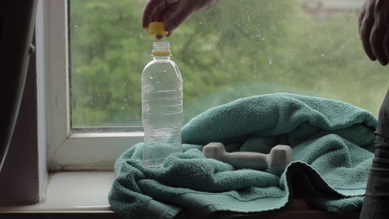 여자는 운동 후 물을 마신다