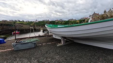 boat and traps at scenic scottish harbor