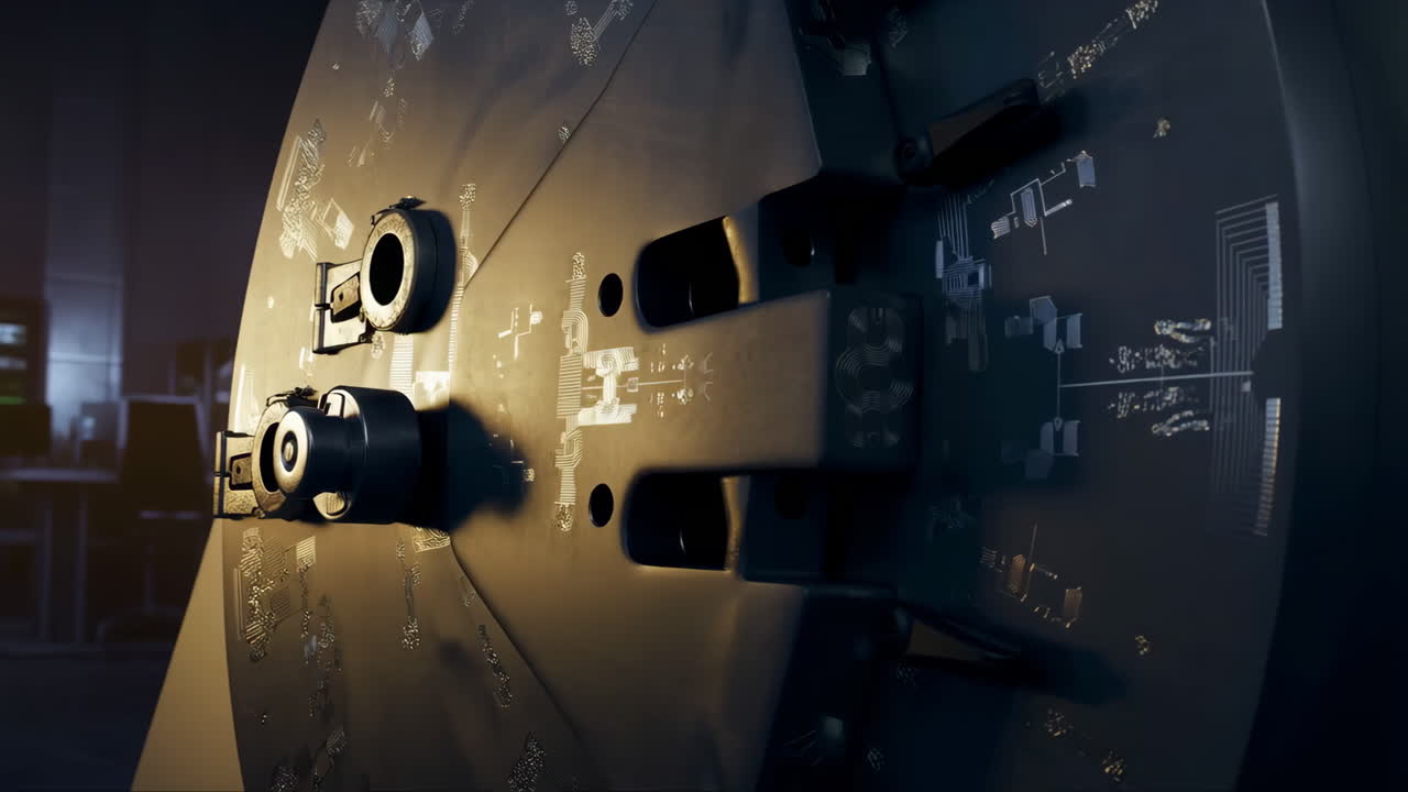 Close-up of a High-Tech Metallic Vault Door with Intricate Circuitry Patterns